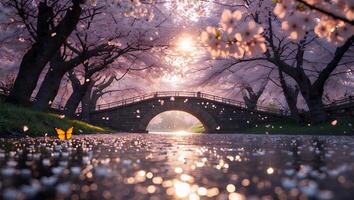 Stone Bridge Under Cherry Blossoms with Butterfly and Sunlight Reflection photo