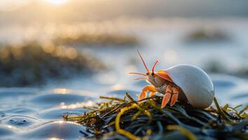 Hermit Crab Emerging Onto Seaweed Shoreline at Sunset with Bokeh photo