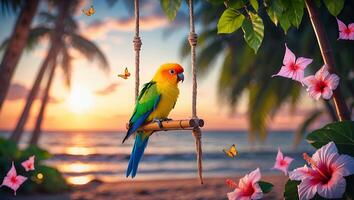Colorful Parrot Perched on Beach Swing at Sunset with Tropical Flowers photo
