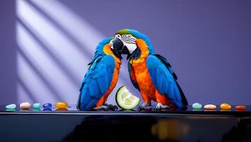 Two Macaw Parrots Eating Cucumber Slice on Reflective Surface photo