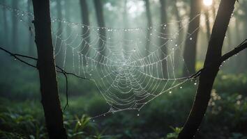 Spiderweb Covered in Dew Drops in Forest at Dawn photo