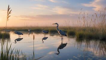 Herons Standing in Water at Sunrise with Reflections and Fog photo
