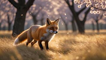 Fox Walking Through Grassy Field with Flowering Trees in Background photo