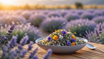 Quinoa Salad Adorned with Edible Flowers in a Lavender Field photo