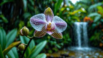 Orchid Blossom with Water Droplets in a Lush Green Waterfall Scene photo