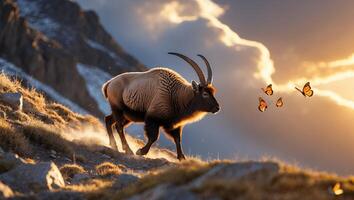 Ibex Walking on Mountain Slope with Butterflies at Golden Hour photo