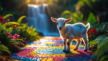 Young Goat Standing on Colorful Path Near Waterfall in Garden photo