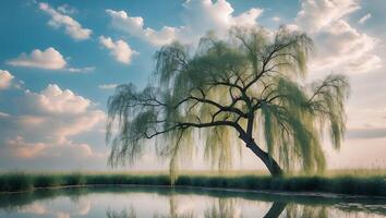 Willow Tree Reflecting in Pond with Cloudy Sky and Peaceful Setting photo