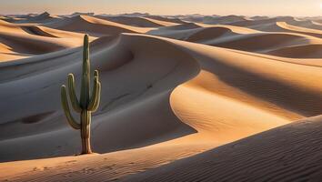 Cactus Standing Tall in Desert Sand Dunes at Sunset Scenery photo