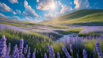 Lavender Field with Rolling Green Hills and Clear Blue Sky Scenery photo
