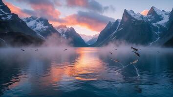 Fish Jumping in Lake Reflecting Sunrise with Snowy Mountains in Background photo