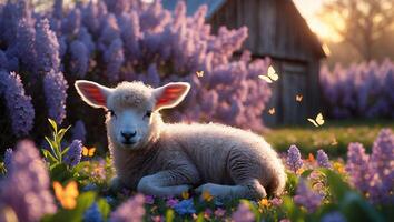 Resting Lamb Among Flowers with Butterflies in a Sunny Meadow photo
