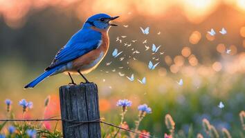 Bluebird Singing Song with Butterflies Flying in Meadow at Sunset photo