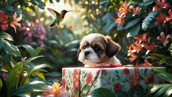 Small Dog in Gift Box with Flying Hummingbird in Garden photo