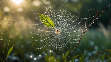 Spiderweb with Dew Drops and a Green Leaf in Sunlight photo