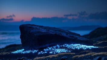 Large Rock with Glowing Clusters Near Ocean at Twilight Scenery photo