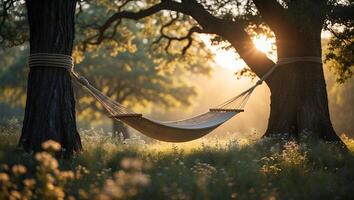 Hammock Hanging Between Trees in Sunny Meadow for Relaxing Afternoon photo