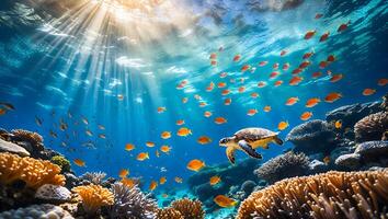 Turtle Swimming Underwater with School of Fish and Coral Reef photo