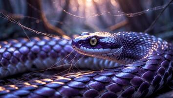 Serpent Resting Among Sparse Webs in Forest with Gleaming Eye photo
