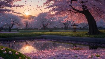 Cherry Blossom Tree Landscape Reflecting in Pond at Sunset Serenity photo