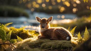Resting Fawn in Forest Sunlight with Moss and Ferns photo