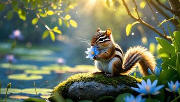 Chipmunk Holding Flower on Mossy Rock by Pond with Lily Pads photo