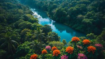 Scenic River Flowing Through Lush Jungle with Vibrant Floral Foreground photo