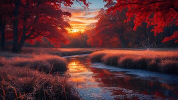 River Flowing Through Autumn Landscape with Red Trees at Sunset photo