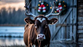 Cow with Antlers Stands by Barn Decorated for Winter Season photo