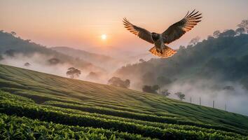 Hawk Flying Over Green Tea Plantation at Sunrise with Foggy Mountains photo