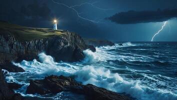 Lighthouse Illuminating Coastal Cliffs During Storm with Lightning Strikes photo