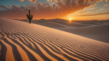 Desert Sunset Landscape with Cactus Silhouette and Sand Dune Patterns photo