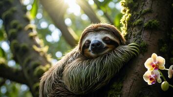 Sleeping Sloth Resting on Tree with Orchid Flowers in Jungle photo