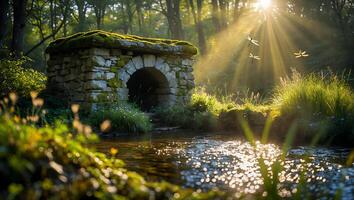 Stone Structure and Flowing Stream in Forest with Sunlight Streaming Through photo