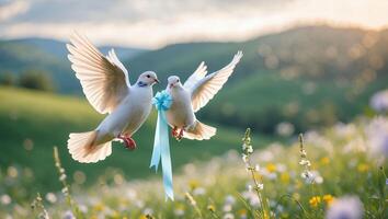 Two White Doves Flying with Blue Ribbon Over a Summer Field photo