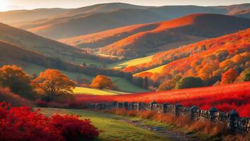 Scenic Autumn Valley Landscape with Stone Wall and Colorful Trees photo