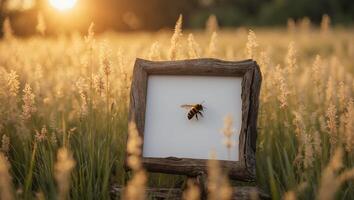 Bee Resting on Wooden Frame Amidst a Field of Tall Grass photo
