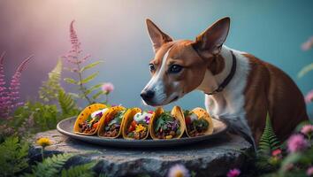Dog Staring at Tacos on Plate Outdoors Among Flowers and Ferns photo