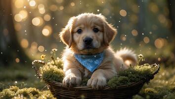Dog Puppy Resting Comfortably in Wicker Basket with Bandana Outdoor photo