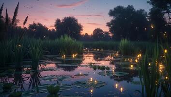 Pond with Lily Pads Reflecting Sunset Sky and Firefly Lights photo
