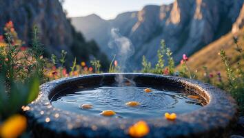 Stone Basin with Water and Flower Petals in Mountain Landscape photo