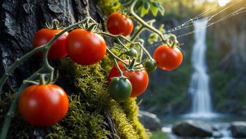 Tomatoes Growing Near Waterfall with Mossy Tree Bark Environment photo