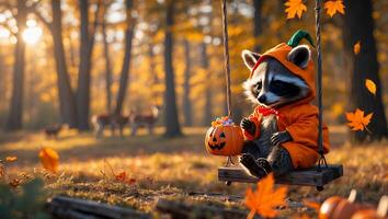 Raccoon in Pumpkin Costume on Swing Enjoying Autumnal Scene photo