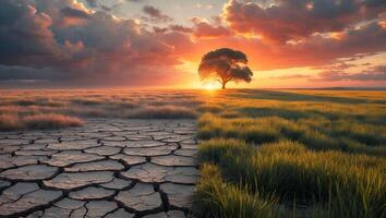 Tree Standing Between Cracked Dry Land and Green Grass at Sunset photo