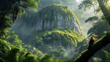 Toucan Resting on Branch in Tropical Rainforest with Foggy Mountain photo