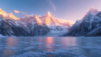 Icy Lake Surrounded by Majestic Snow Capped Mountains at Sunset photo