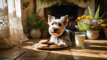 Small Dog Watching Cookies and Milk Indoors on Wooden Table photo