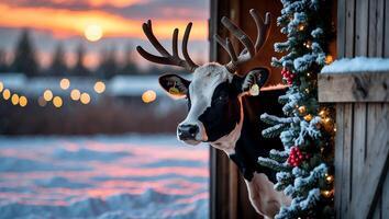 Cow with Antlers Looking Out Barn Door at Winter Sunset photo