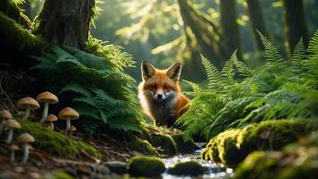Red Fox Looking Curiously From Green Forest Ferns and Mossy Creek photo