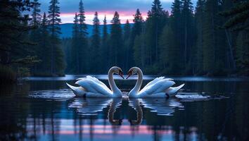 Swans Forming Heart Shape on Lake at Dusk with Forest Backdrop photo